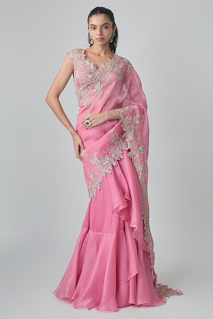 Lotus Pink Organza Hand Embroidered Ruffled Bridal Saree Set by Anushree Reddy at Pernia's Pop Up Shop