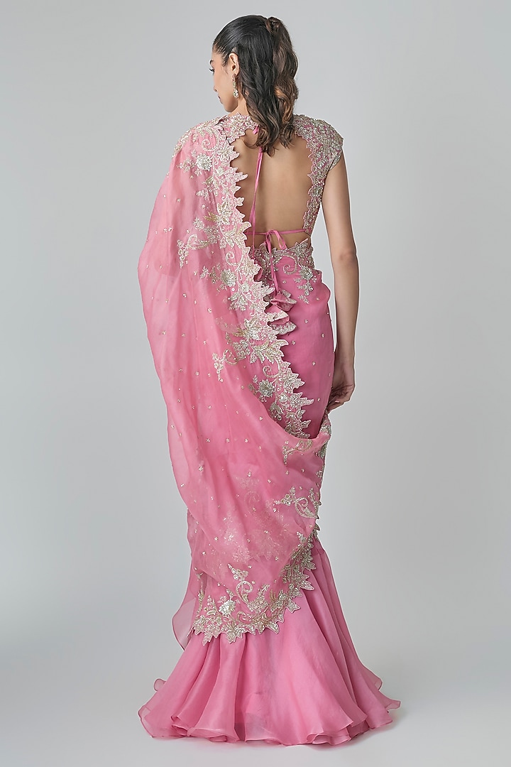 Lotus Pink Organza Hand Embroidered Ruffled Bridal Saree Set by Anushree Reddy at Pernia's Pop Up Shop