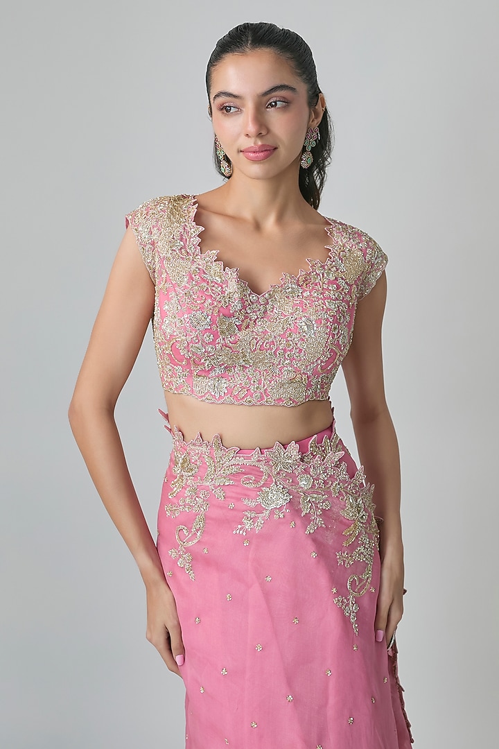 Lotus Pink Organza Hand Embroidered Ruffled Bridal Saree Set by Anushree Reddy at Pernia's Pop Up Shop