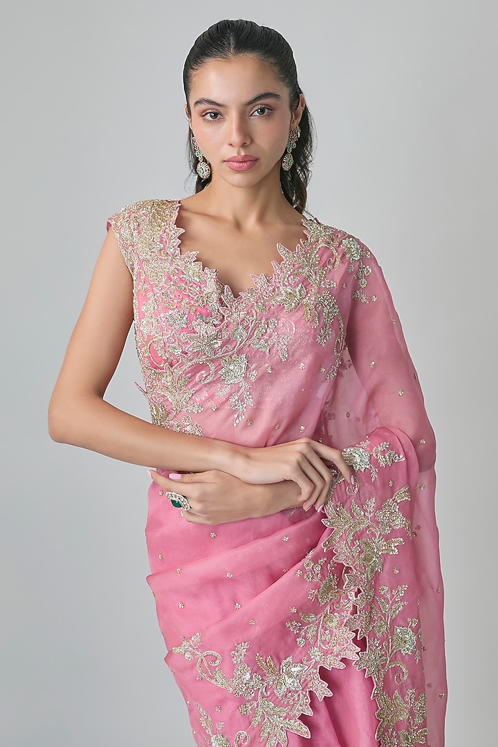 Lotus Pink Organza Hand Embroidered Ruffled Bridal Saree Set by Anushree Reddy at Pernia's Pop Up Shop