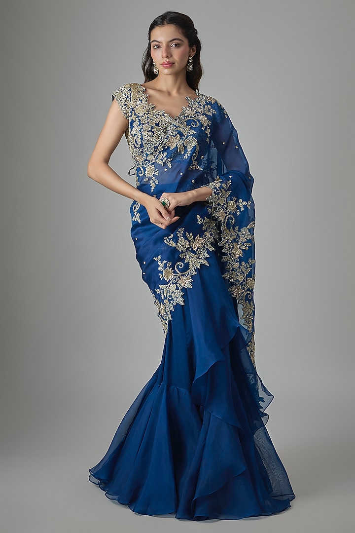 Navy Blue Chiffon Hand Embroidered Ruffled Bridal Saree Set by Anushree Reddy at Pernia's Pop Up Shop