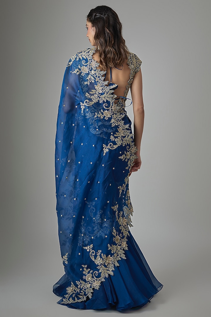 Navy Blue Chiffon Hand Embroidered Ruffled Bridal Saree Set by Anushree Reddy at Pernia's Pop Up Shop