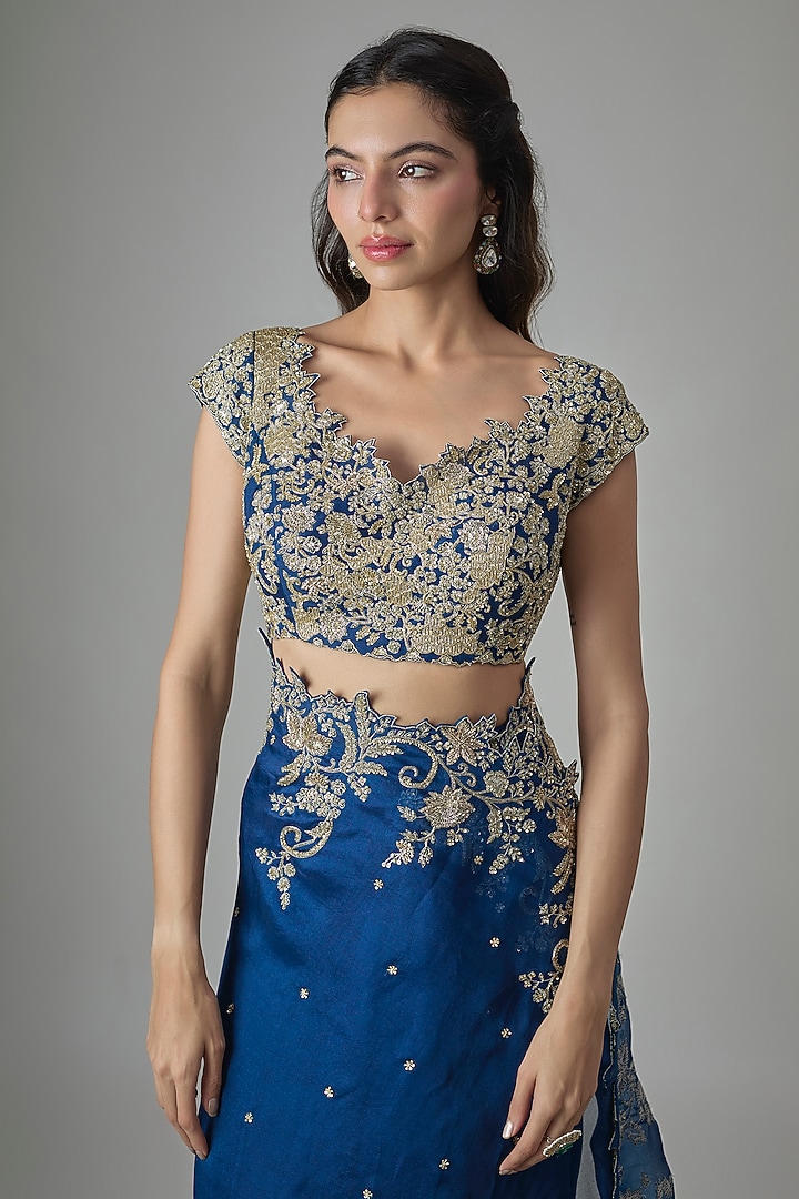 Navy Blue Chiffon Hand Embroidered Ruffled Bridal Saree Set by Anushree Reddy at Pernia's Pop Up Shop