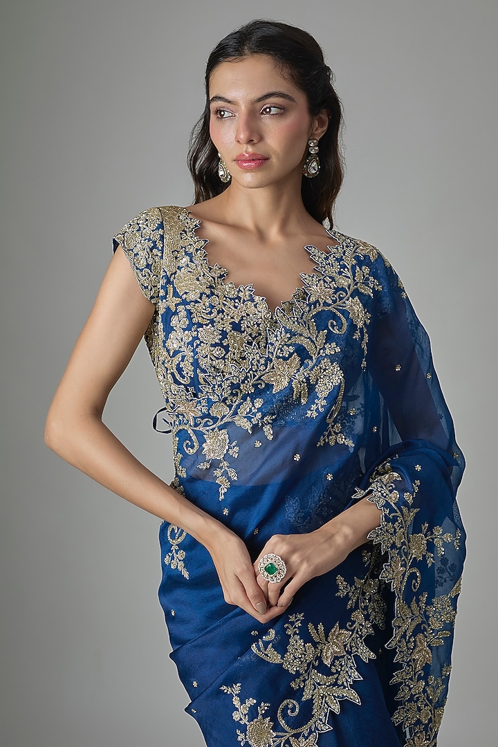Navy Blue Chiffon Hand Embroidered Ruffled Bridal Saree Set by Anushree Reddy at Pernia's Pop Up Shop