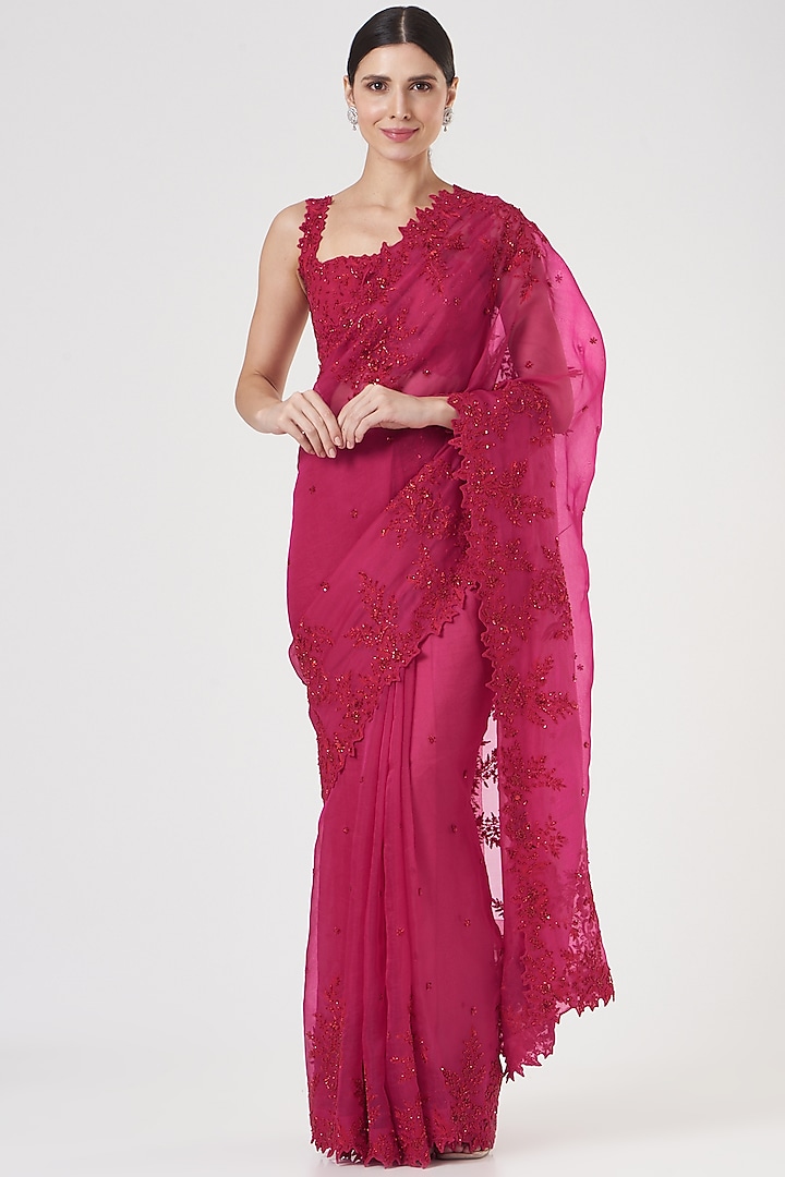 Red Embroidered Saree Set by Anushree Reddy