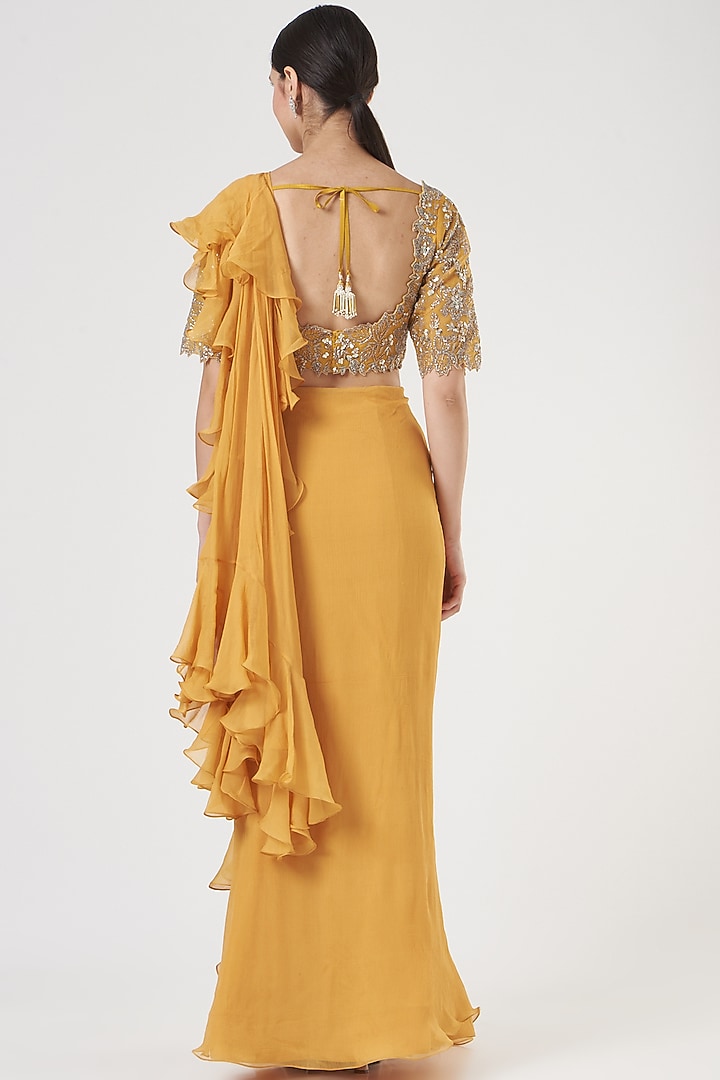 Yellow Chiffon Ruffled Reception Saree by Anushree Reddy at Pernia's Pop Up Shop