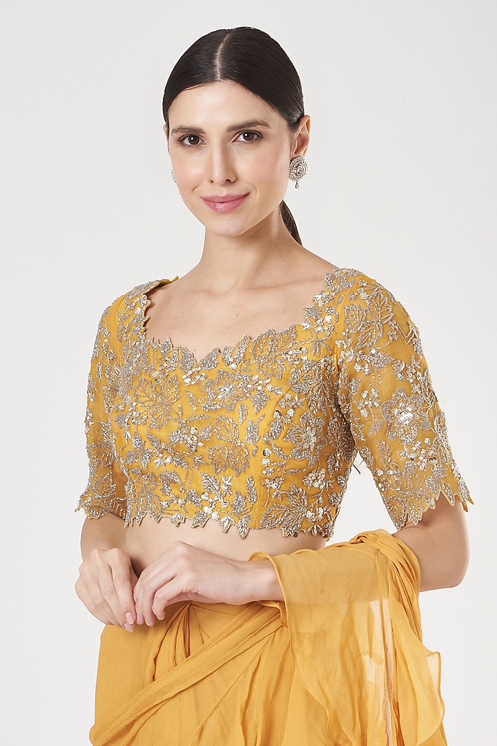Yellow Chiffon Ruffled Reception Saree by Anushree Reddy at Pernia's Pop Up Shop