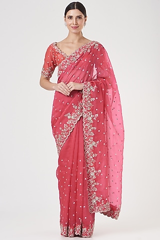 Peach Pink Embroidered Saree Set by Anushree Reddy
