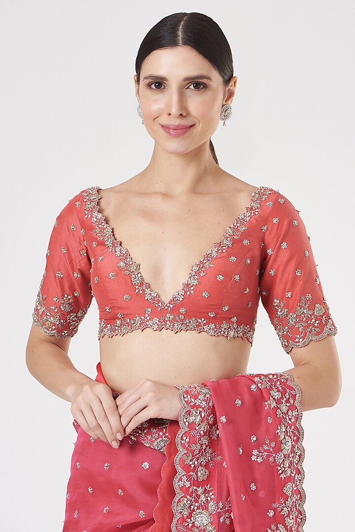 Peach Pink Embroidered Reception Saree Set by Anushree Reddy at Pernia's Pop Up Shop