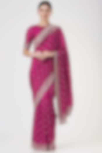 Magenta Dupion Silk Cutdana Embroidered Saree Set by Anushree Reddy
