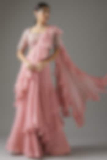 Blush Pink Chiffon Ruffled Saree Set by Anushree Reddy