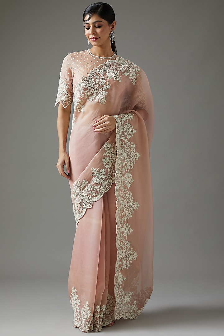 Rose Pink Embroidered Saree Set by Anushree Reddy