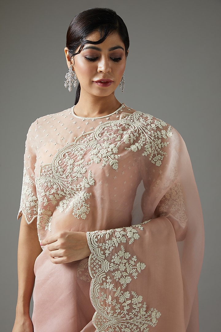 Rose Pink Embroidered Reception Saree Set by Anushree Reddy at Pernia's Pop Up Shop