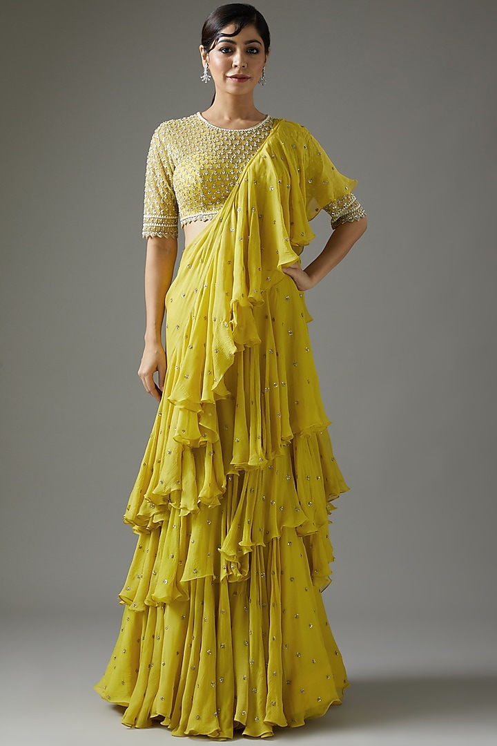 Yellow Chiffon Ruffled Saree Set by Anushree Reddy