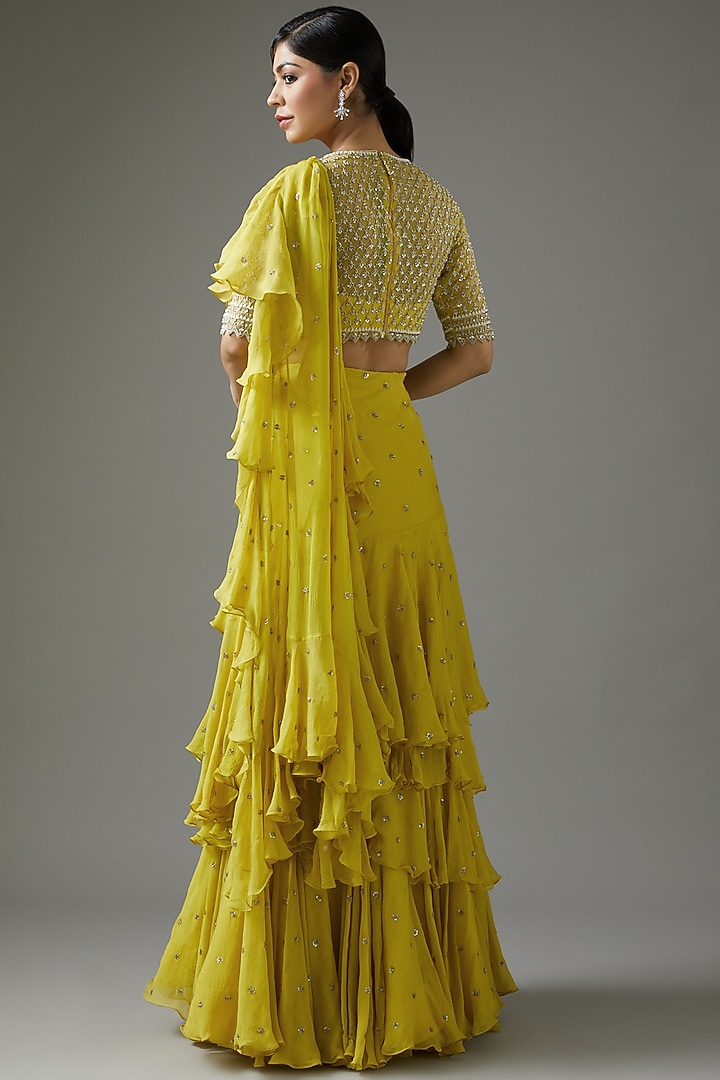 Yellow Chiffon Ruffled Reception Saree Set by Anushree Reddy at Pernia's Pop Up Shop