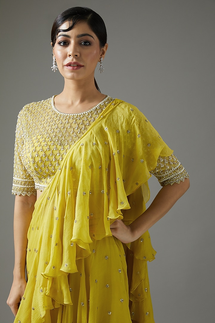 Yellow Chiffon Ruffled Reception Saree Set by Anushree Reddy at Pernia's Pop Up Shop
