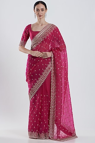Cherry Red Embroidered Saree Set by Anushree Reddy