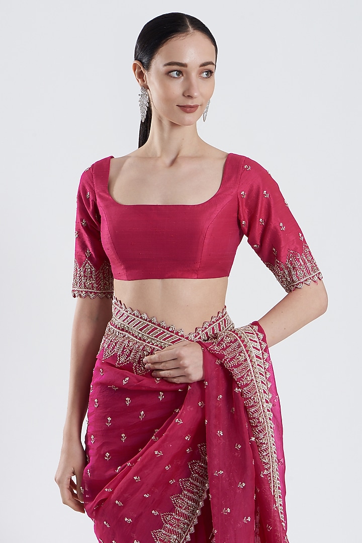 Cherry Red Embroidered Reception Saree Set by Anushree Reddy at Pernia's Pop Up Shop