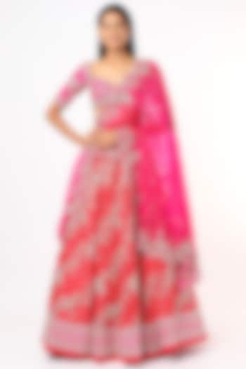 Bright Red Embroidered Bridal Lehenga Set by Anushree Reddy at Pernia's Pop Up Shop