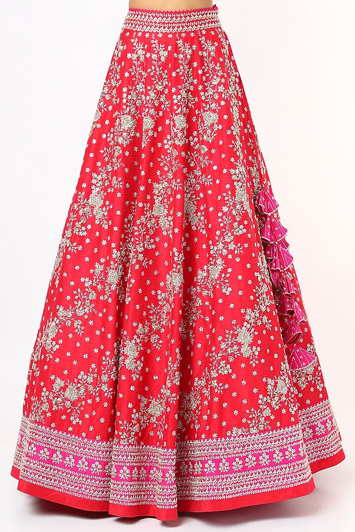 Bright Red Embroidered Bridal Lehenga Set by Anushree Reddy at Pernia's Pop Up Shop