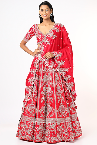 Cherry Red Embroidered Lehenga Set by Anushree Reddy