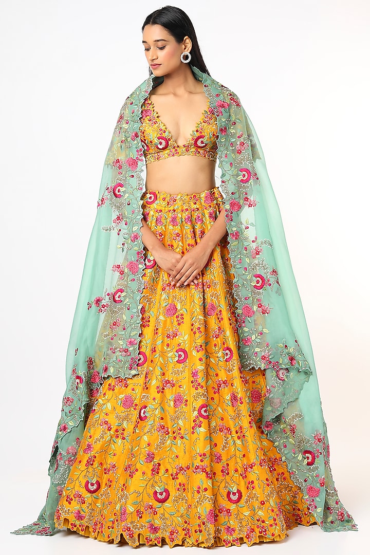 Citrus Yellow Embroidered Bridal Lehenga Set by Anushree Reddy at Pernia's Pop Up Shop