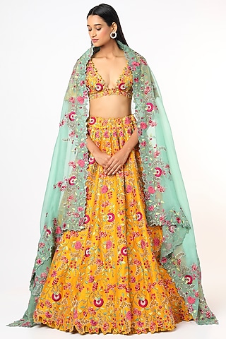 Citrus Yellow Embroidered Lehenga Set by Anushree Reddy