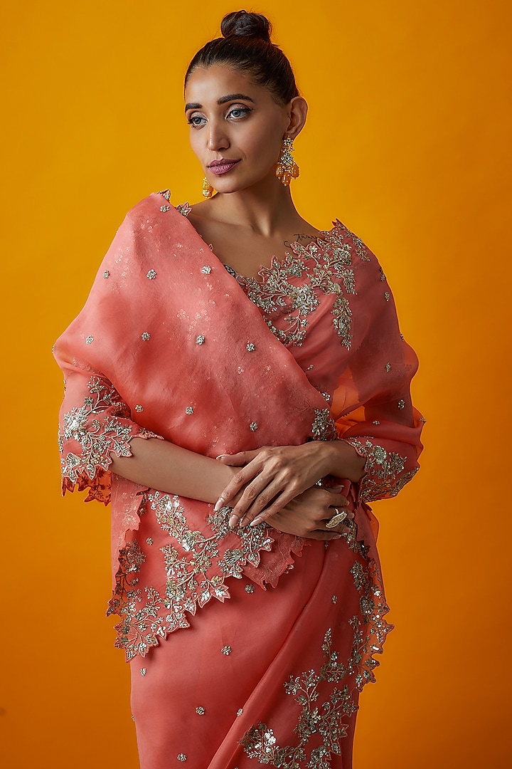Pink Organza Reception Saree Set by Anushree Reddy at Pernia's Pop Up Shop