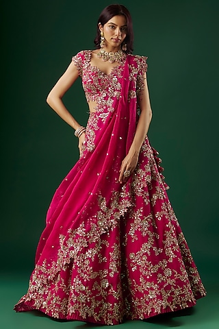 Red Organza Embroidered Lehenga Set by Anushree Reddy