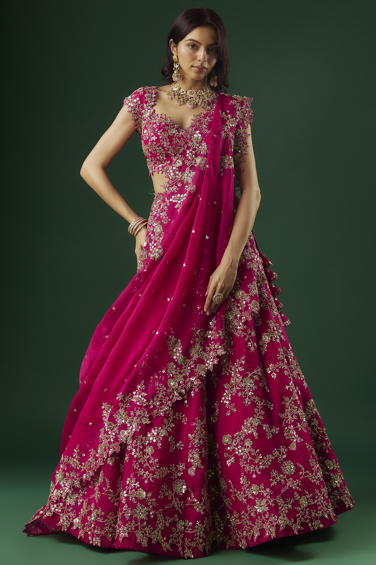 Red Organza Embroidered Lehenga Set by Anushree Reddy