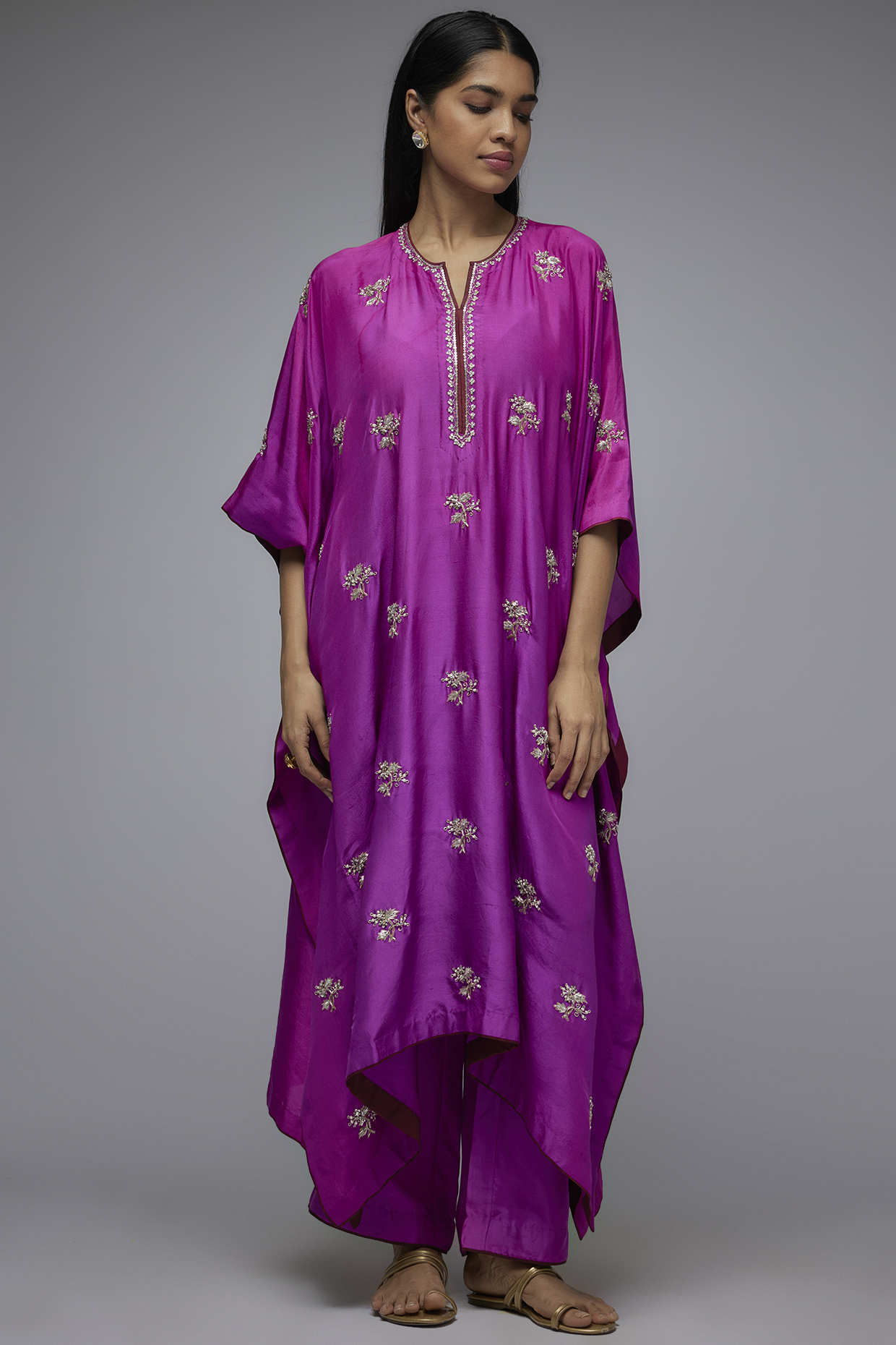 Purple Dupion Silk Hand Embroidered Kaftan Set by Anushree Reddy at Pernia's Pop Up Shop