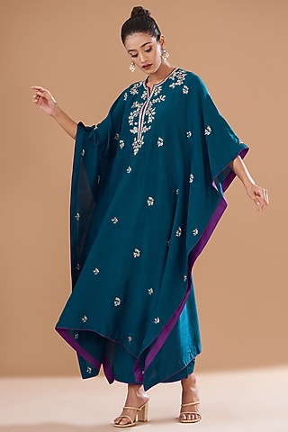 Navy Blue Dupion Silk Kaftan Set by Anushree Reddy