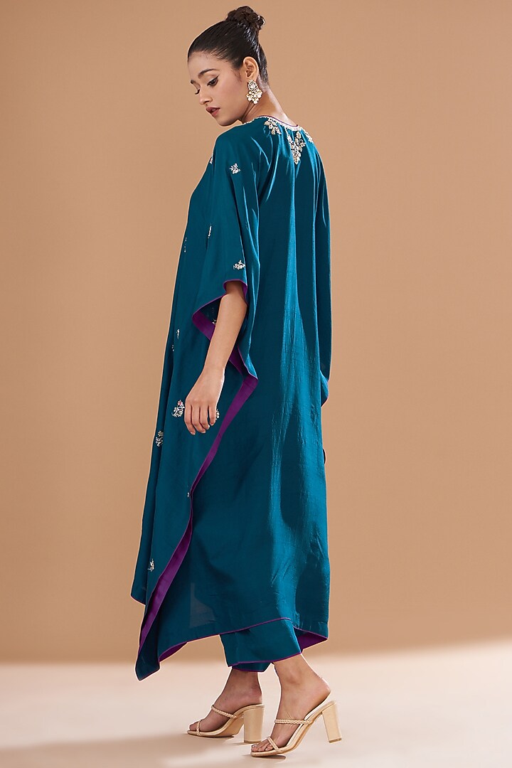 Navy Blue Dupion Silk Kaftan Set by Anushree Reddy at Pernia's Pop Up Shop