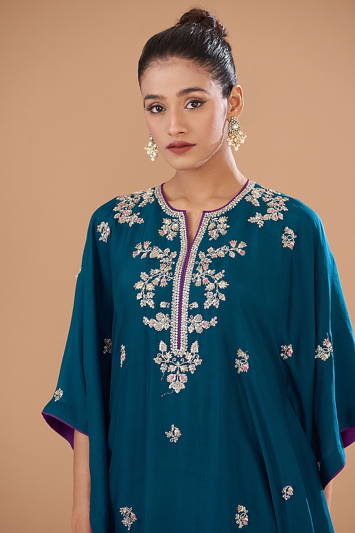 Navy Blue Dupion Silk Kaftan Set by Anushree Reddy at Pernia's Pop Up Shop