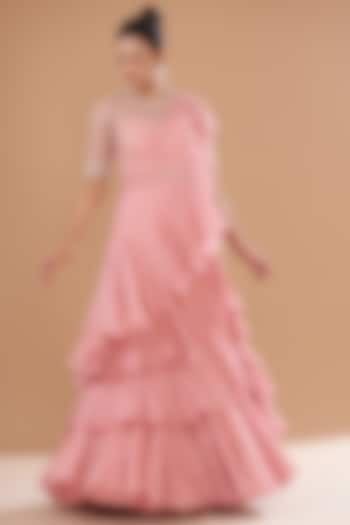 Pink Chiffon Embroidered Ruffled Reception Saree Set by Anushree Reddy at Pernia's Pop Up Shop