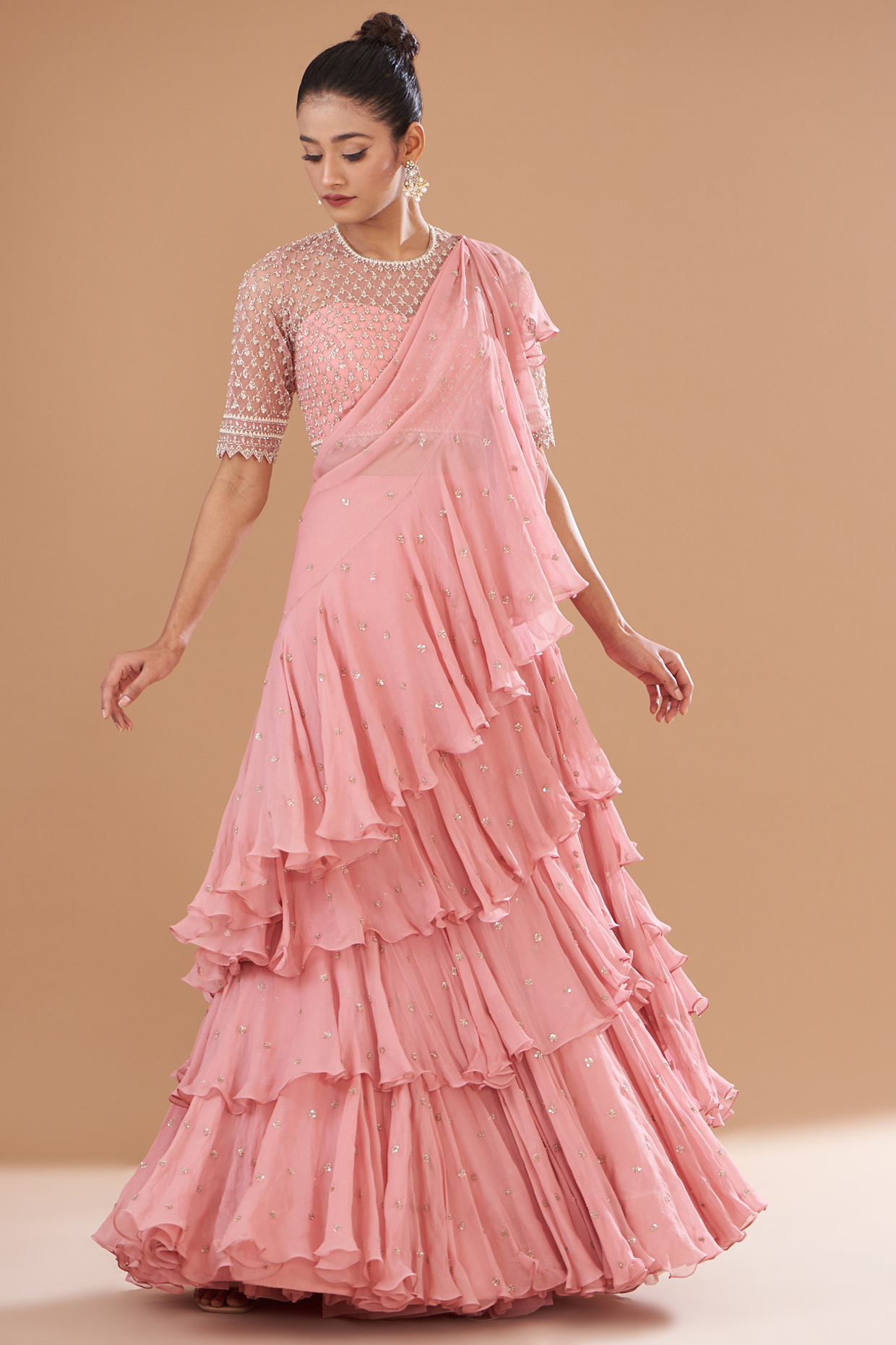Pink Chiffon Embroidered Ruffled Reception Saree Set by Anushree Reddy at Pernia's Pop Up Shop