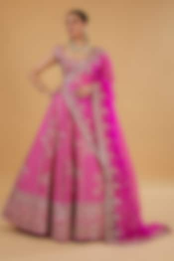 Hot Pink Raw Silk Zardosi Embroidered Bridal Lehenga Set by Anushree Reddy at Pernia's Pop Up Shop