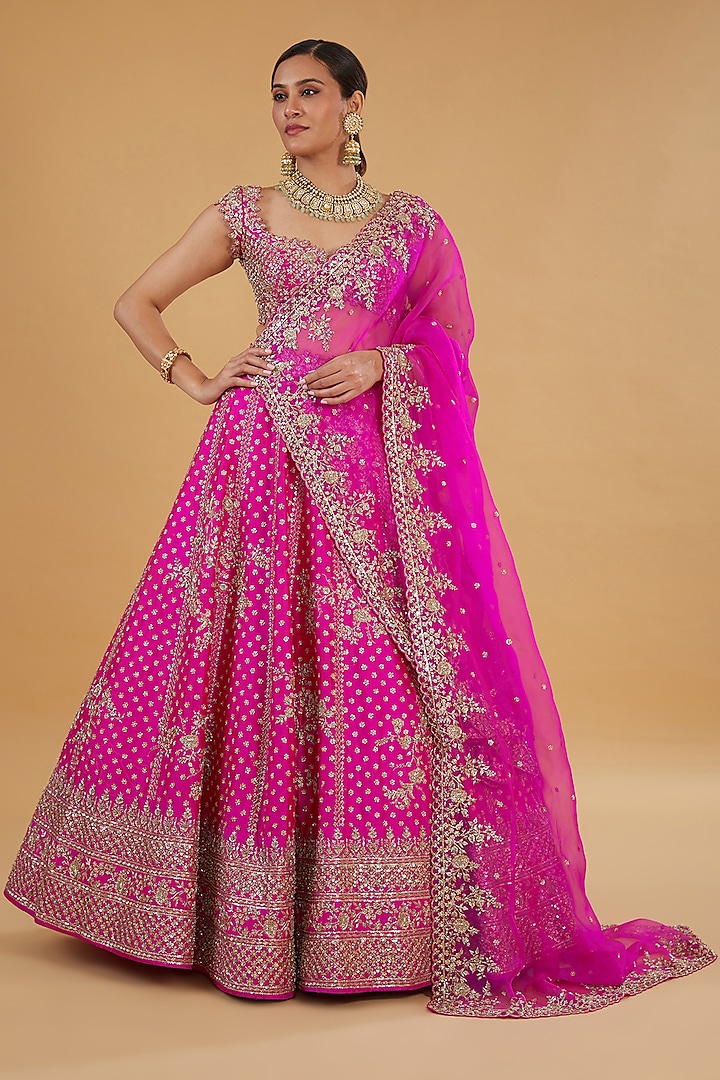 Hot Pink Raw Silk Zardosi Embroidered Bridal Lehenga Set by Anushree Reddy at Pernia's Pop Up Shop