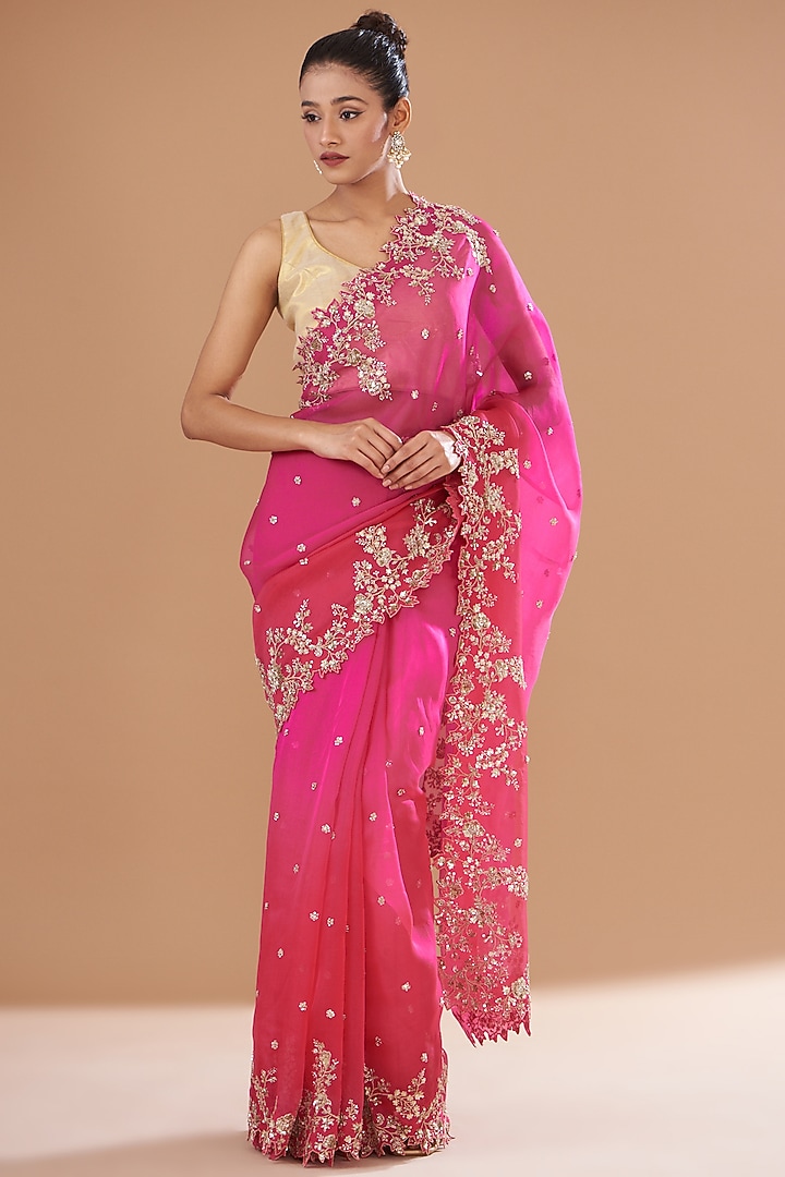 Hot Pink Organza Reception Saree Set by Anushree Reddy at Pernia's Pop Up Shop
