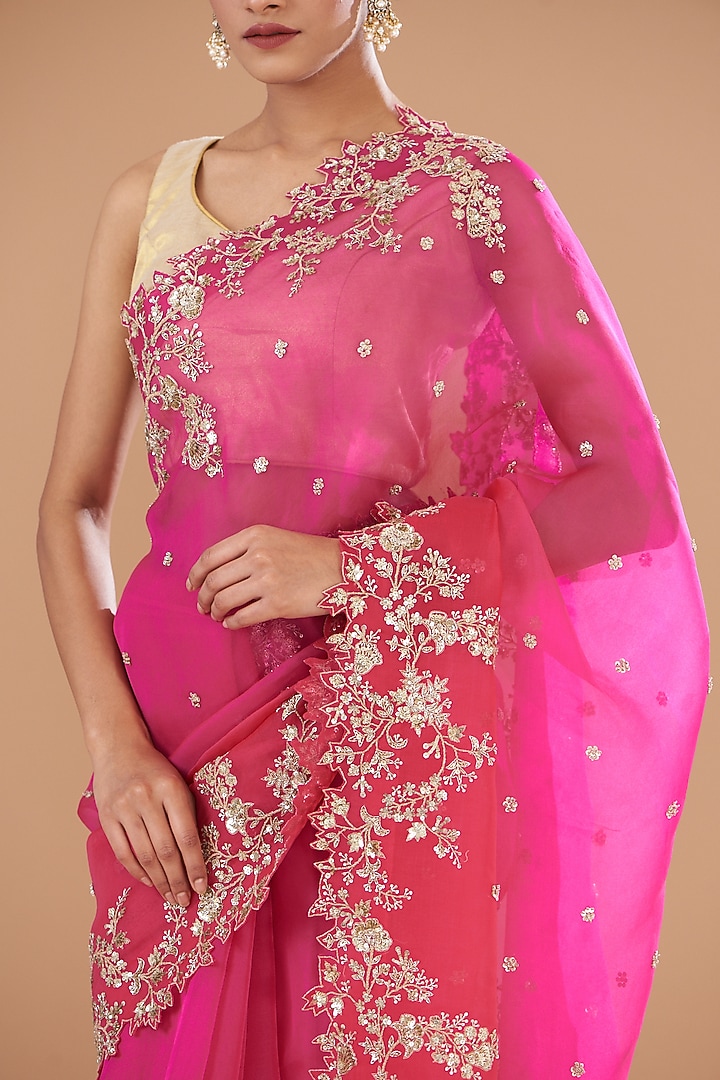 Hot Pink Organza Reception Saree Set by Anushree Reddy at Pernia's Pop Up Shop
