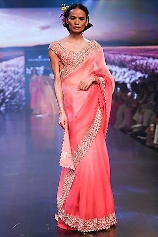 Pink & Deep Orange Ombre Textured Chiffon Saree Design by Medha at Pernia's  Pop Up Shop 2024