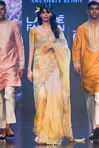 Yellow Organza Ombre Saree Set by Anushree Reddy