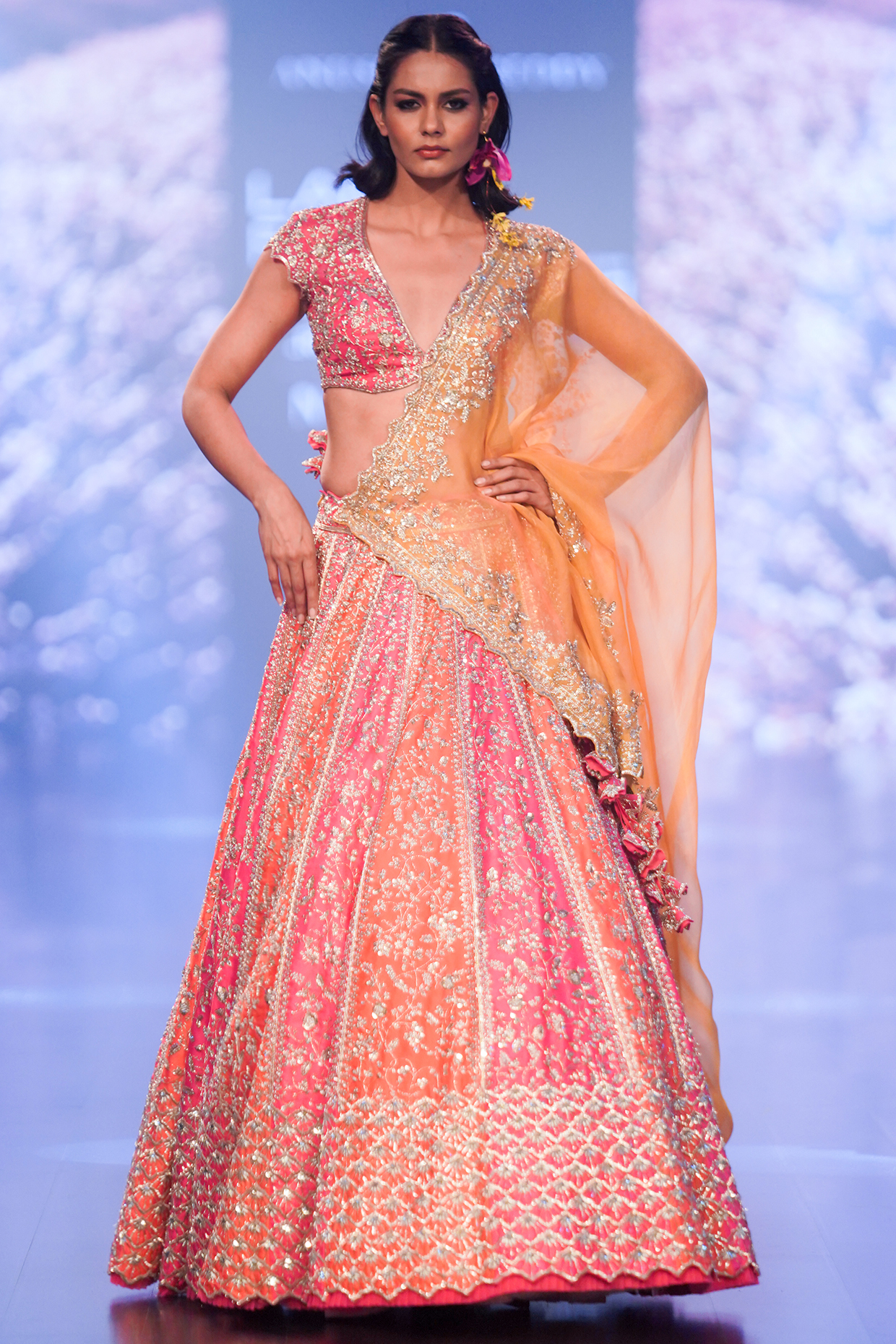 Peach & Pink Organza Bridal Lehenga Set by Anushree Reddy at Pernia's Pop Up Shop