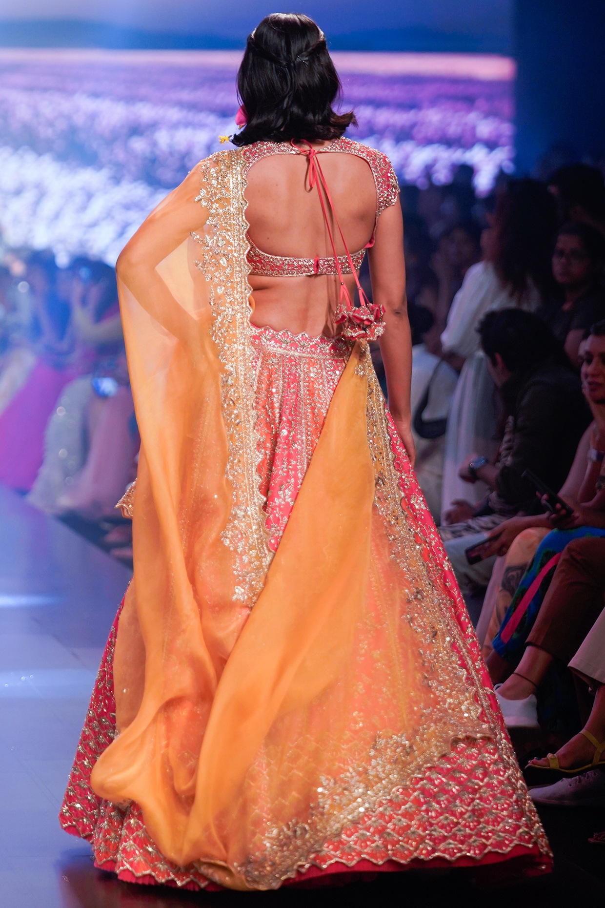 Mustard Sequinned Lehenga in Georgette with Bandhej Dupatta -...