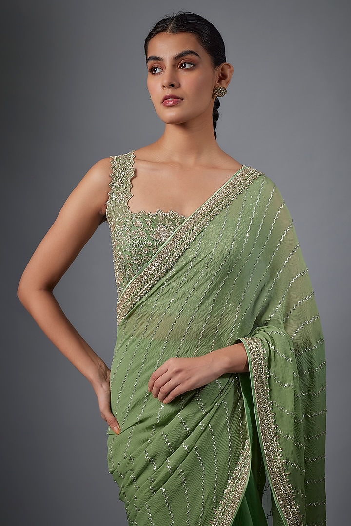 Sea Green Chiffon Reception Saree Set by Anushree Reddy at Pernia's Pop Up Shop