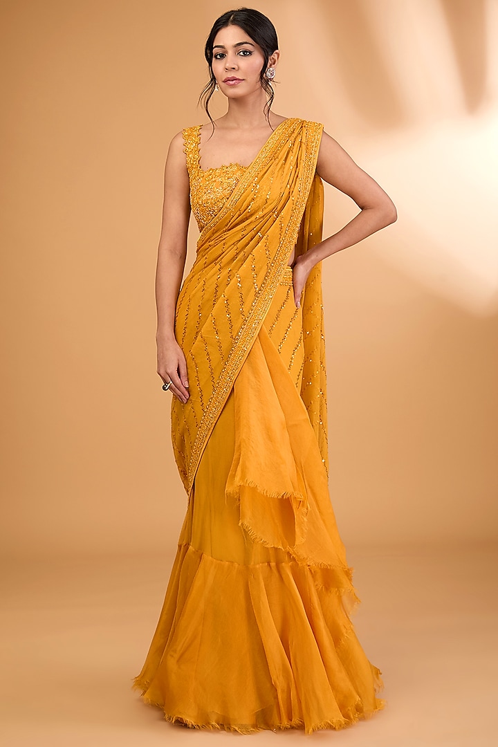 Yellow Organza Hand Embroidered Ruffled Saree Set by Anushree Reddy at Pernia's Pop Up Shop