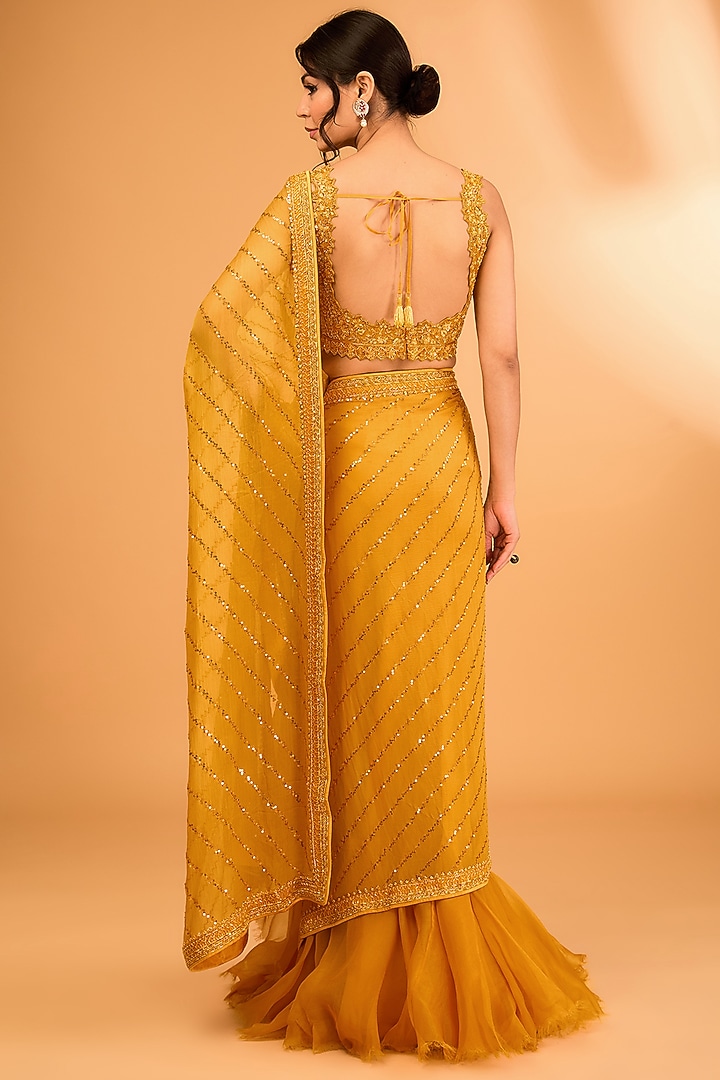 Yellow Organza Hand Embroidered Ruffled Reception Saree Set by Anushree Reddy at Pernia's Pop Up Shop