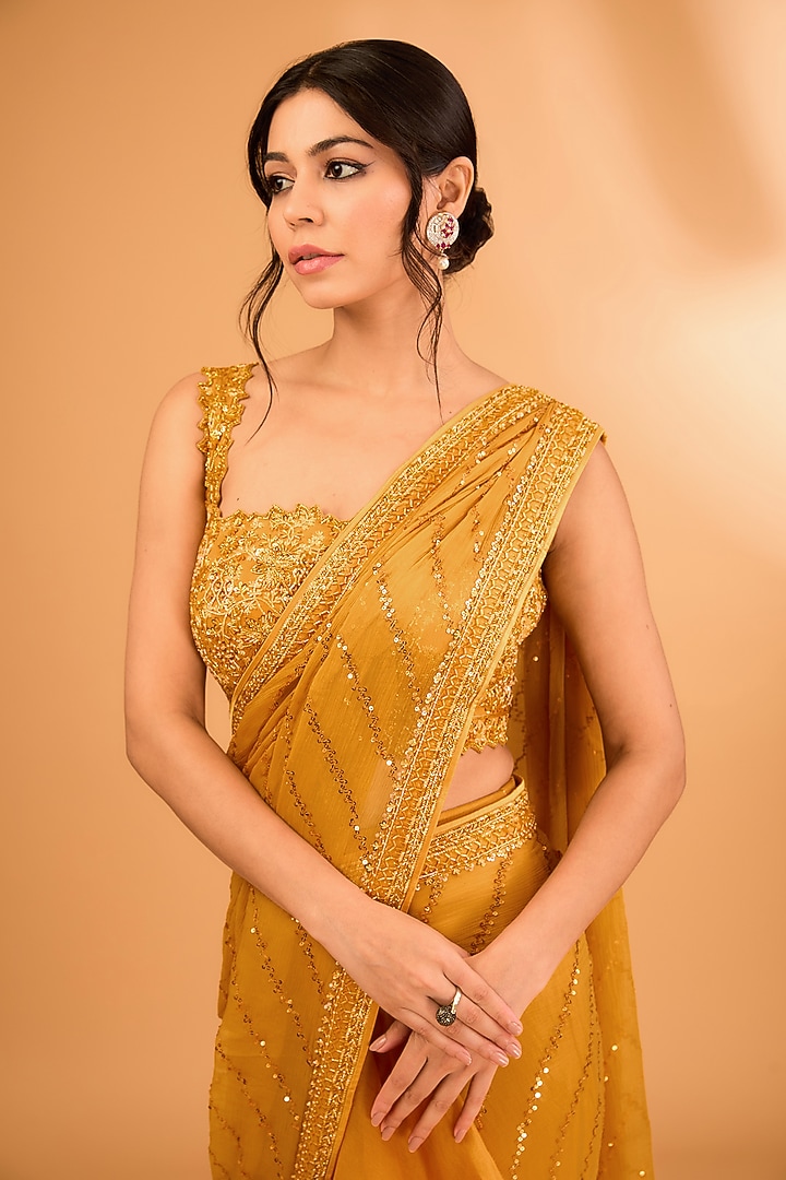 Yellow Organza Hand Embroidered Ruffled Reception Saree Set by Anushree Reddy at Pernia's Pop Up Shop