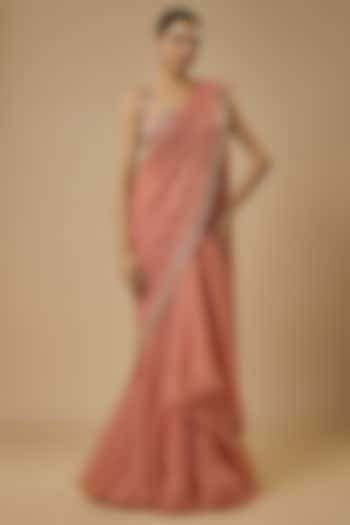 Peach Organza Hand Embroidered Ruffled Saree Set by Anushree Reddy