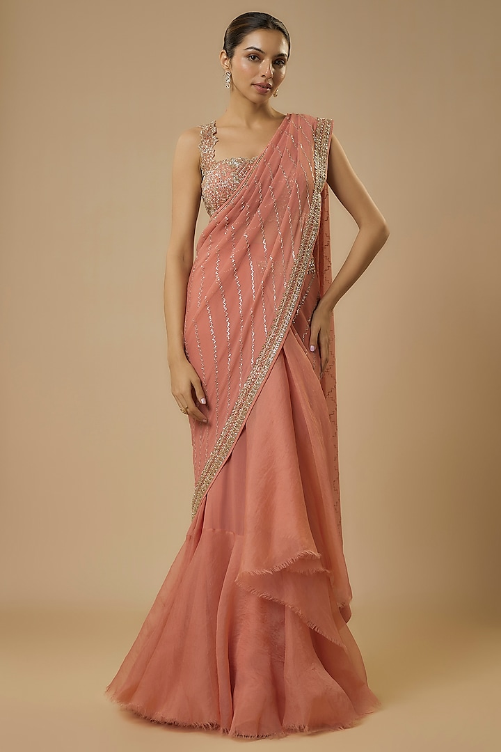 Peach Organza Hand Embroidered Ruffled Saree Set by Anushree Reddy